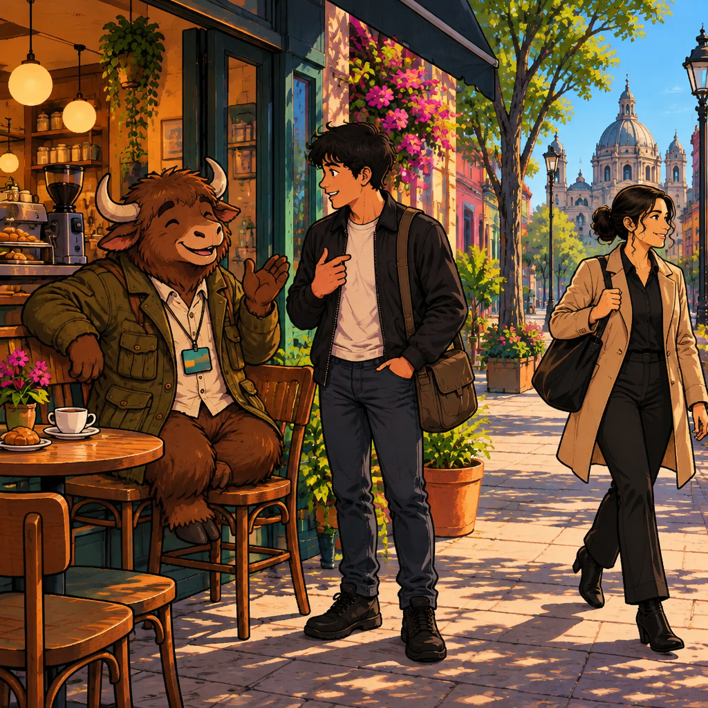 Outside Café Laurel, Yako asks Justin about daily routines while Amanda heads to work.