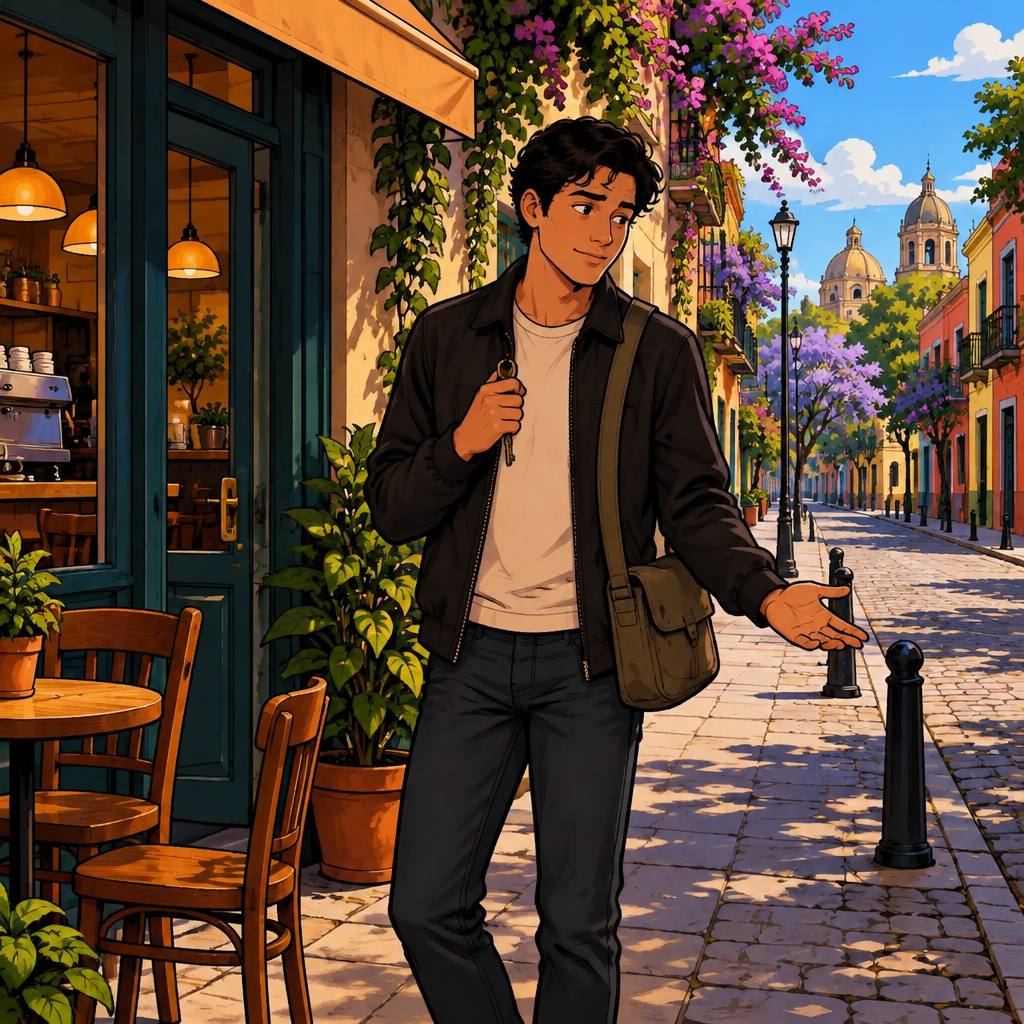 Justin indicates that he rarely goes out by gesturing toward the quiet street while keeping his home key close to himself.
