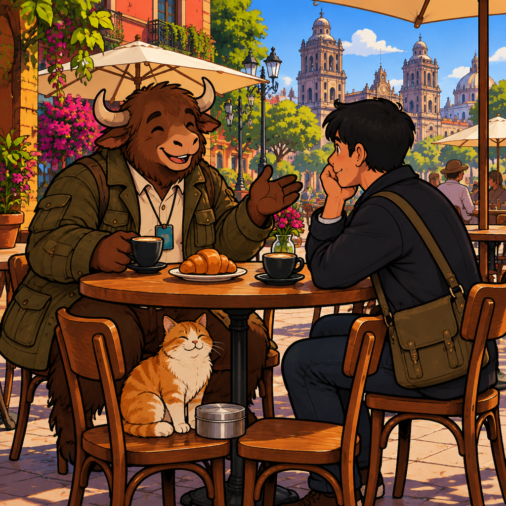 At Café Laurel, a curious man leans toward Justin at a table while a large cat guards a tin under the table.