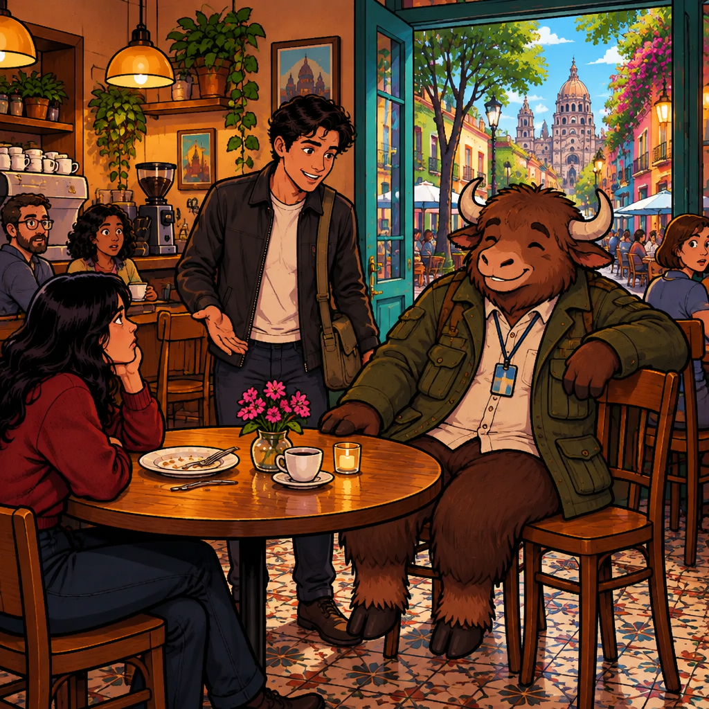 A strange Saturday lunch rush at Café Laurel is still going because one regular customer remains at the same table while Justin explains the situation and Yako appears in the doorway.