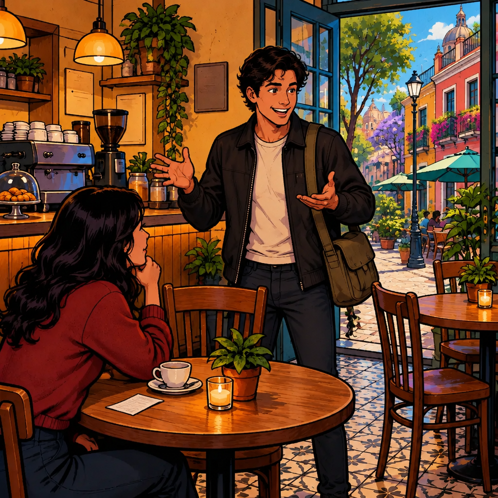 Justin introduces the bizarre café situation with an animated open-handed gesture toward the lingering regular customer.