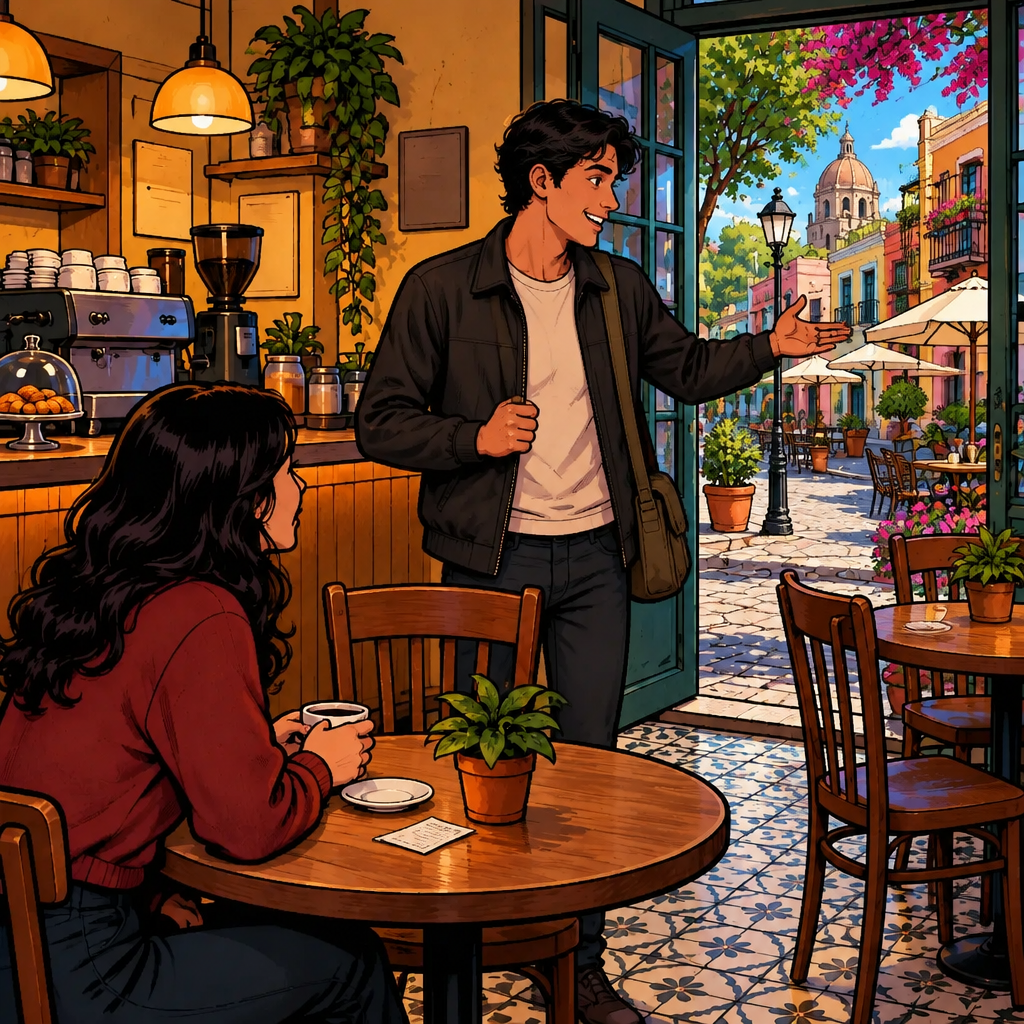 Justin compares the café situation with another familiar place while indicating beyond the open doorway.