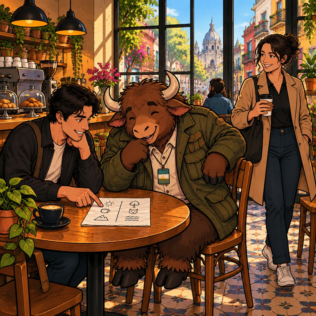 Amanda arrives with coffee at a table where Justin and Yako lean over a napkin with two drawn columns.