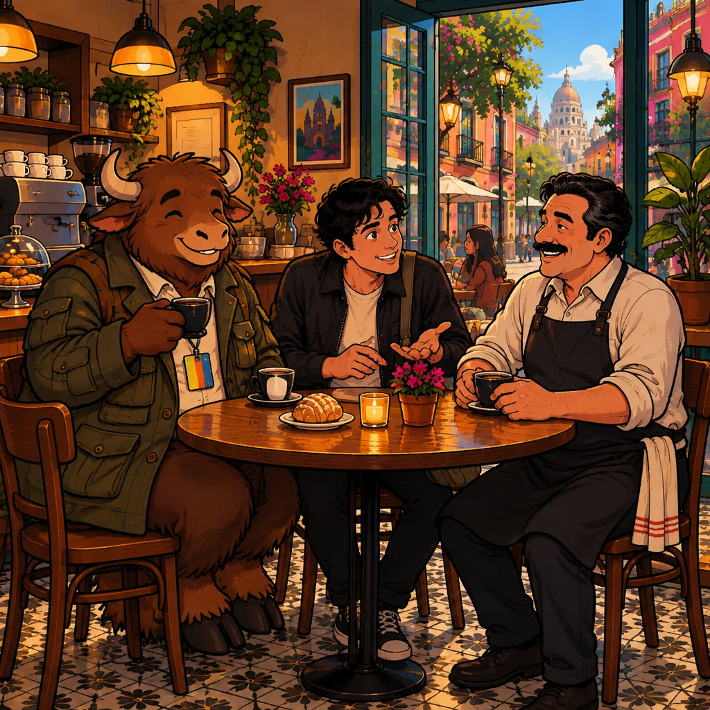 Michael finally sits down at Justin and Yako's table in a quiet café after the lunch rush.