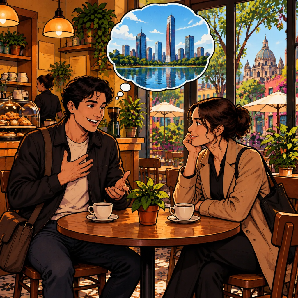 Soy de: Justin presses a hand to his chest and answers proudly, a big-city skyline in a thought bubble above him.
