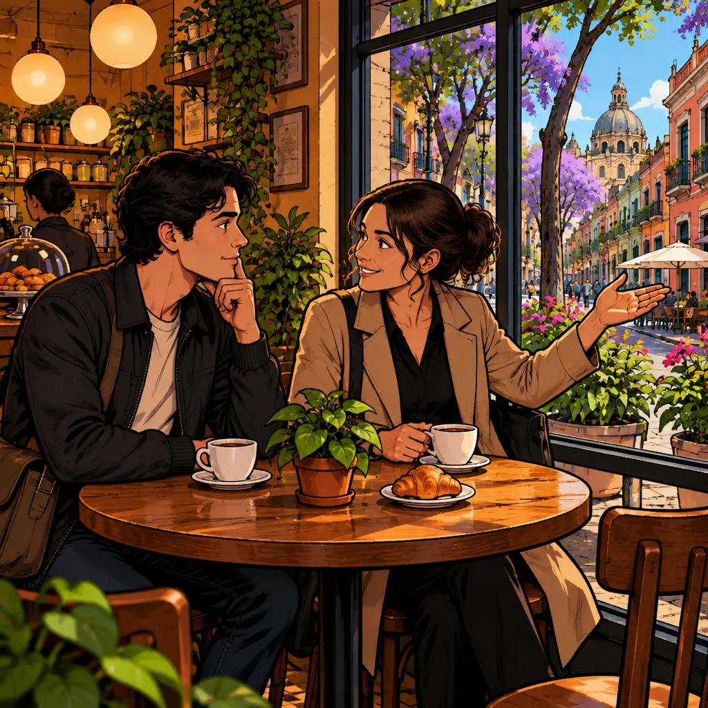 ¿Dónde vives?: Amanda asks where Justin lives, tilting her head and gesturing toward the street outside the window.