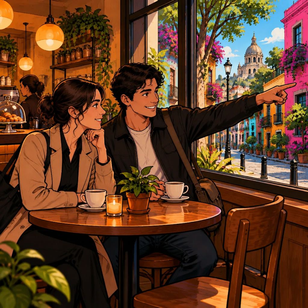 Vivo en ___: Justin points out the window at the nearby colonia street where he lives, with a pleased smile.