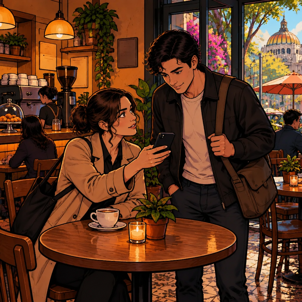 ¿Cuál es tu número de teléfono?: Amanda asks Justin for his number, holding the blank phone out toward him.