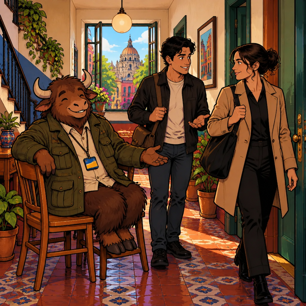 Amanda heads toward work while Justin asks about housing in the hallway near Café Laurel, and Yako listens from his two-chair home.
