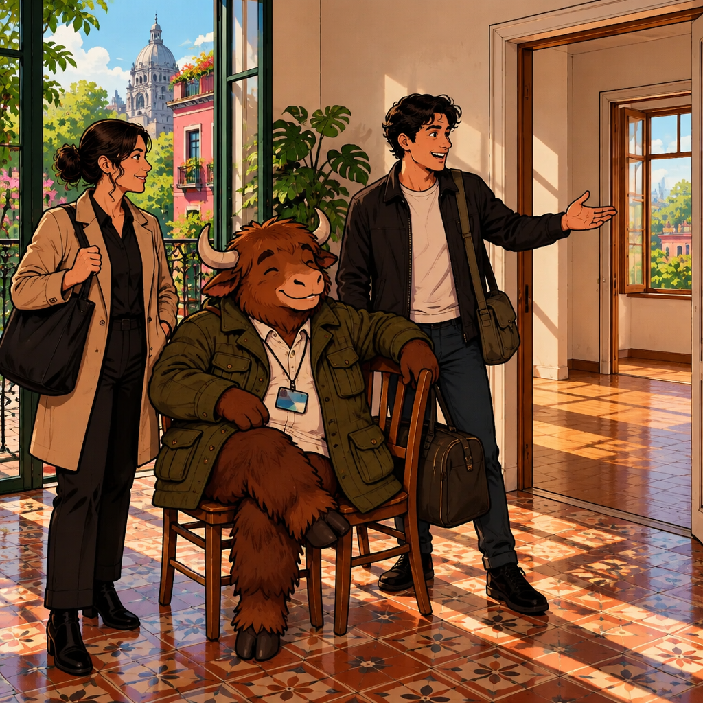 Justin explains that he is looking for a new place by peering toward an empty apartment doorway with his small travel bag.