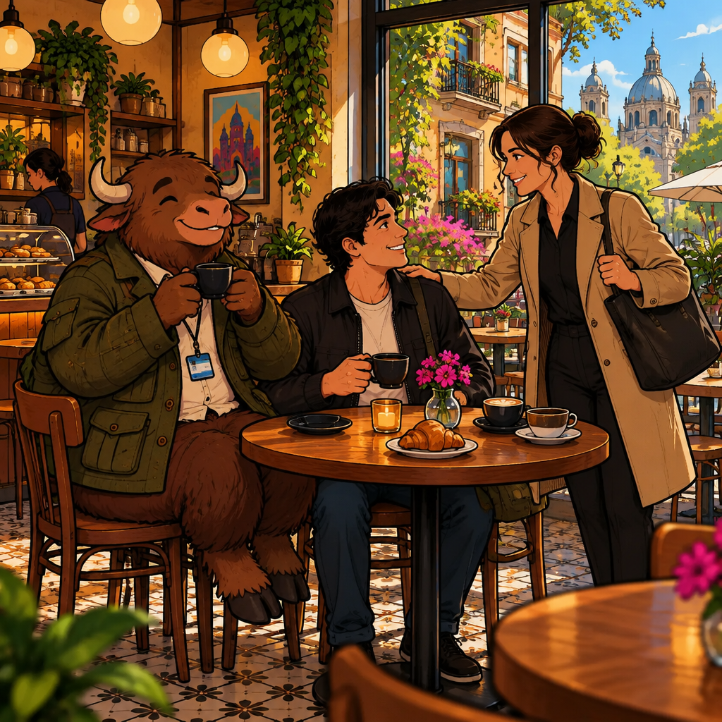 Amanda has just returned from work and joins Justin and Yako at a window table while coffee is being shared.