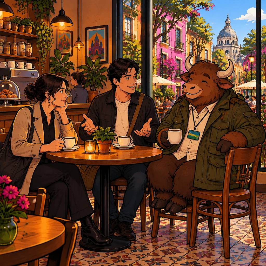 Justin is the speaker, smiling and making an open-handed gesture as Amanda listens comfortably beside the café table.