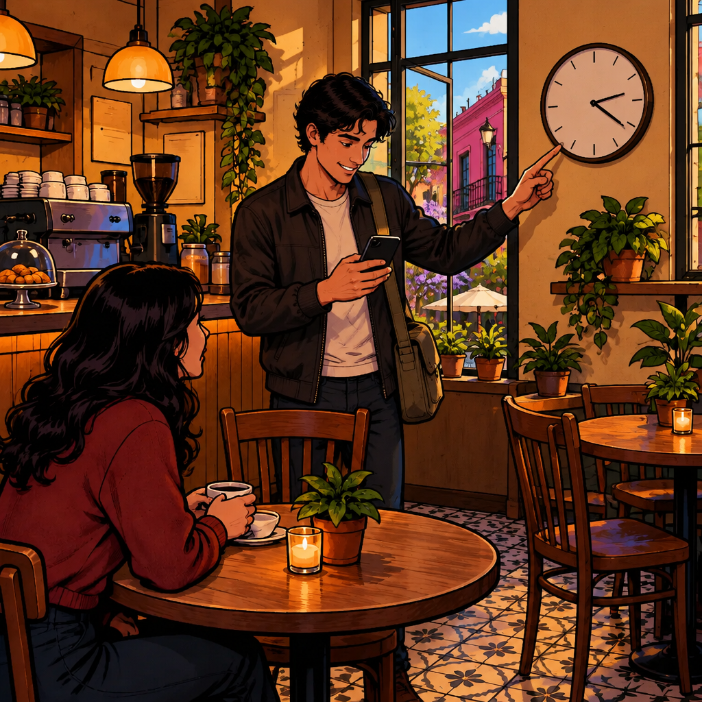 Justin checks his phone and gestures toward an analog wall clock to indicate when the meeting is.
