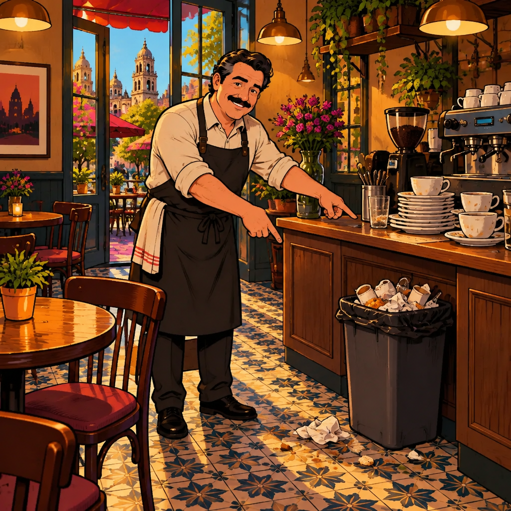 Michael asks who will handle the remaining café duties while pointing toward several unfinished closing tasks.