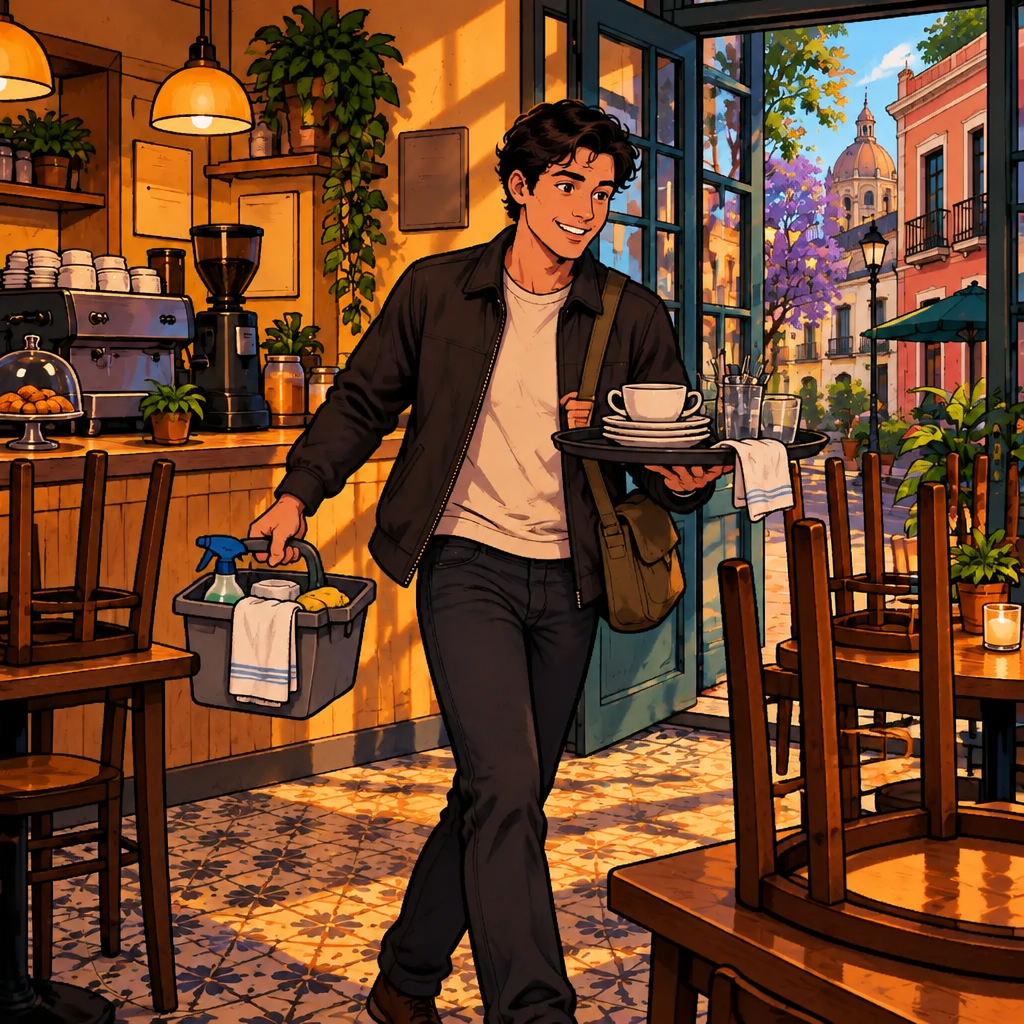 Justin confidently takes responsibility for the remaining work by gathering cleaning supplies and carrying a tray toward the back of the café.