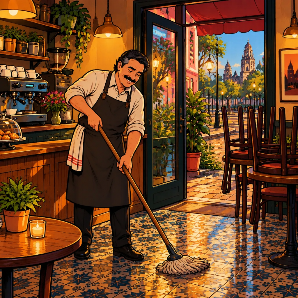 Michael stays at the café and mops the floor while the chairs are stacked near the entrance.