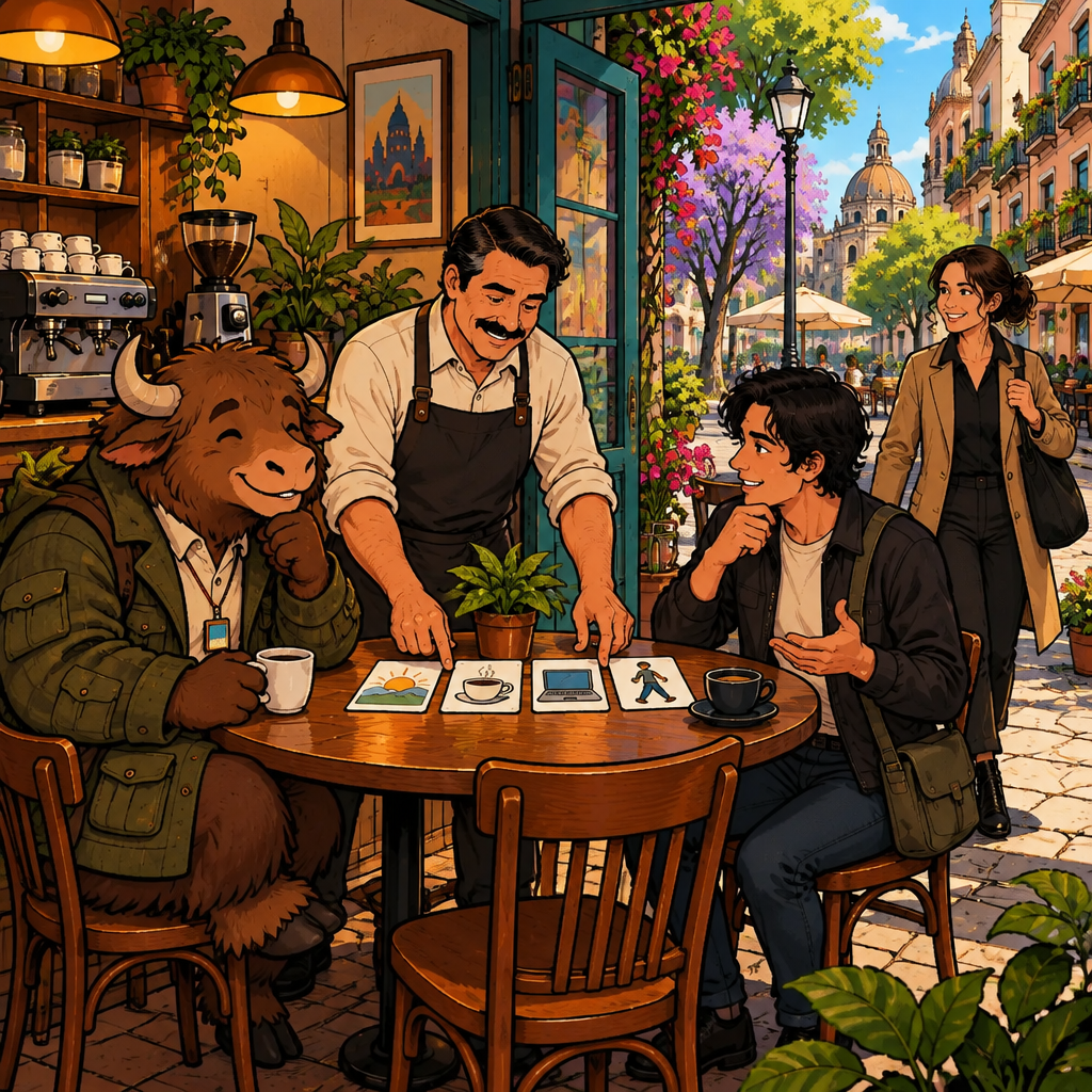 At Café Laurel below the colonia El Laurel apartments, Amanda heads toward the doorway for work while Justin, Michael, and Yako organize the day's routine together.