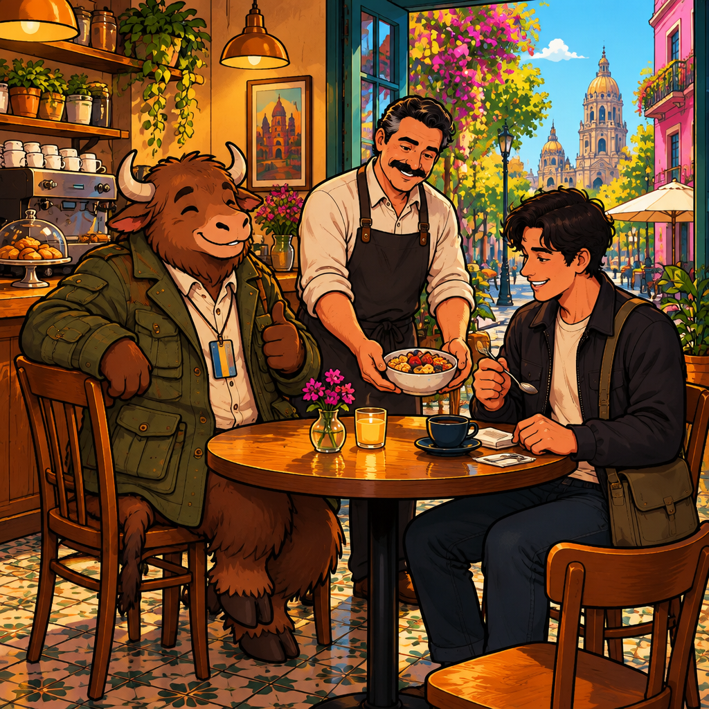 Justin sits at a café table with a bowl of cereal and fruit, demonstrating that he has cereal for breakfast.