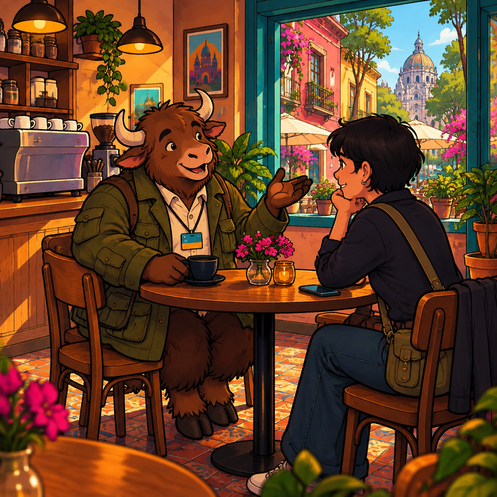 Yako eagerly asks Megan if she has ever been there, tilting his head with raised hoof.