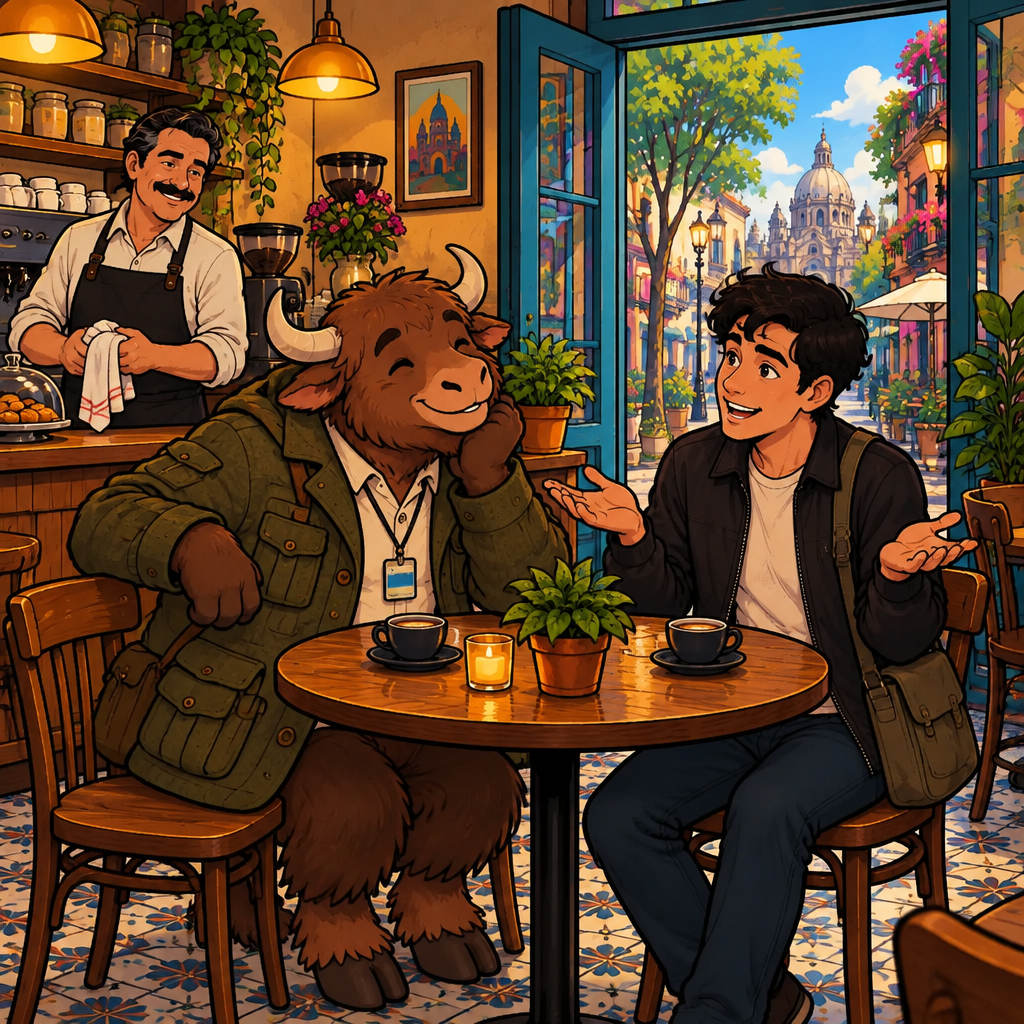 Justin shrugs with palms up, admitting he didn't notice, while Michael pauses his counter-wiping to listen and Yako tilts his head.