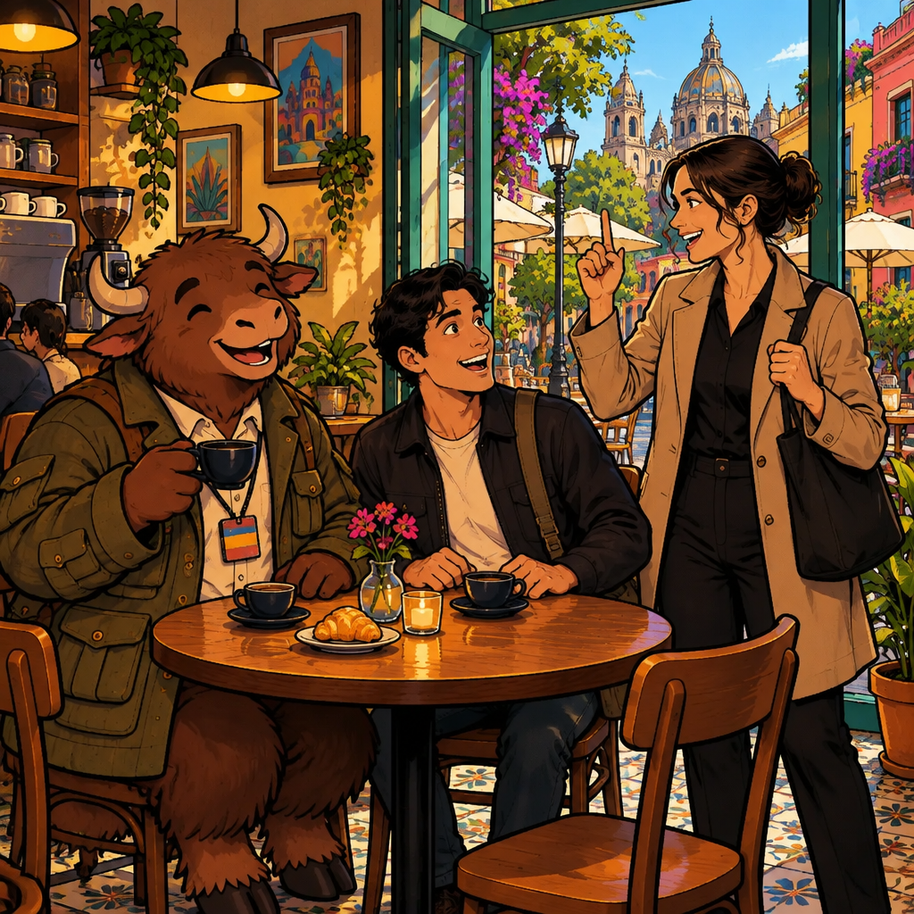 Amanda reveals with delight who the coat turned out to be, pointing a finger skyward, while Justin reacts and Yako's ears perk up.