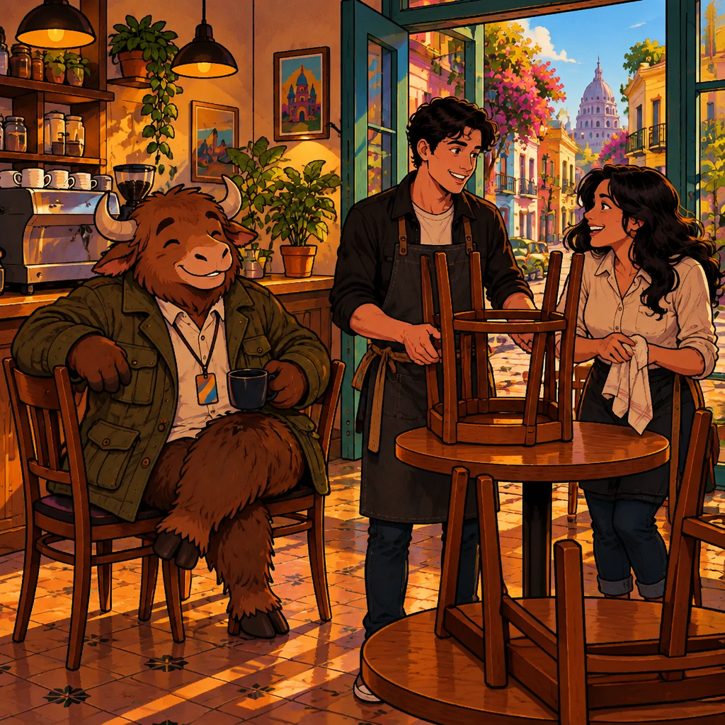The café has just closed: Justin, apron untied, is stacking the last chairs while Alex, a friendly coworker, chats with him near the counter, and Yako relaxes on two chairs.