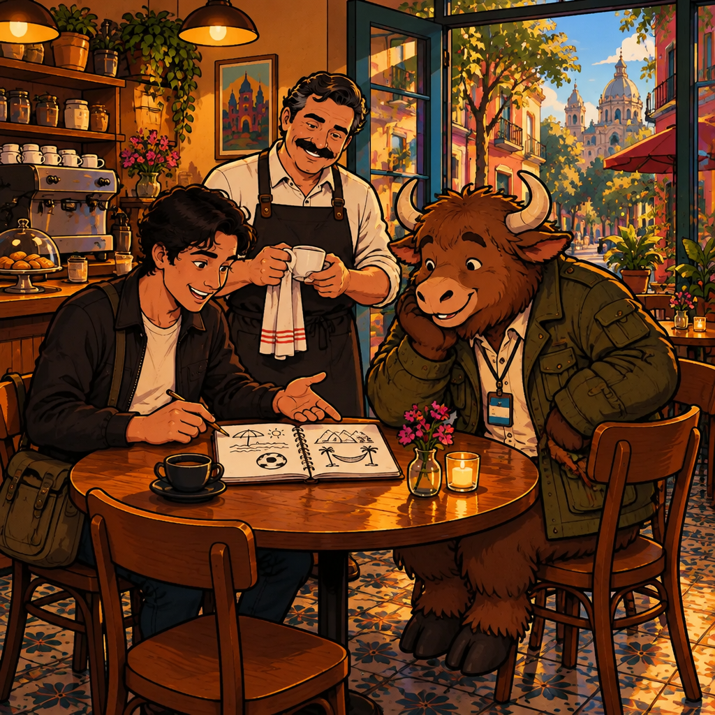 Justin and Michael sit at a café table with a notebook of weekend possibilities while Yako watches the page from his two chairs.