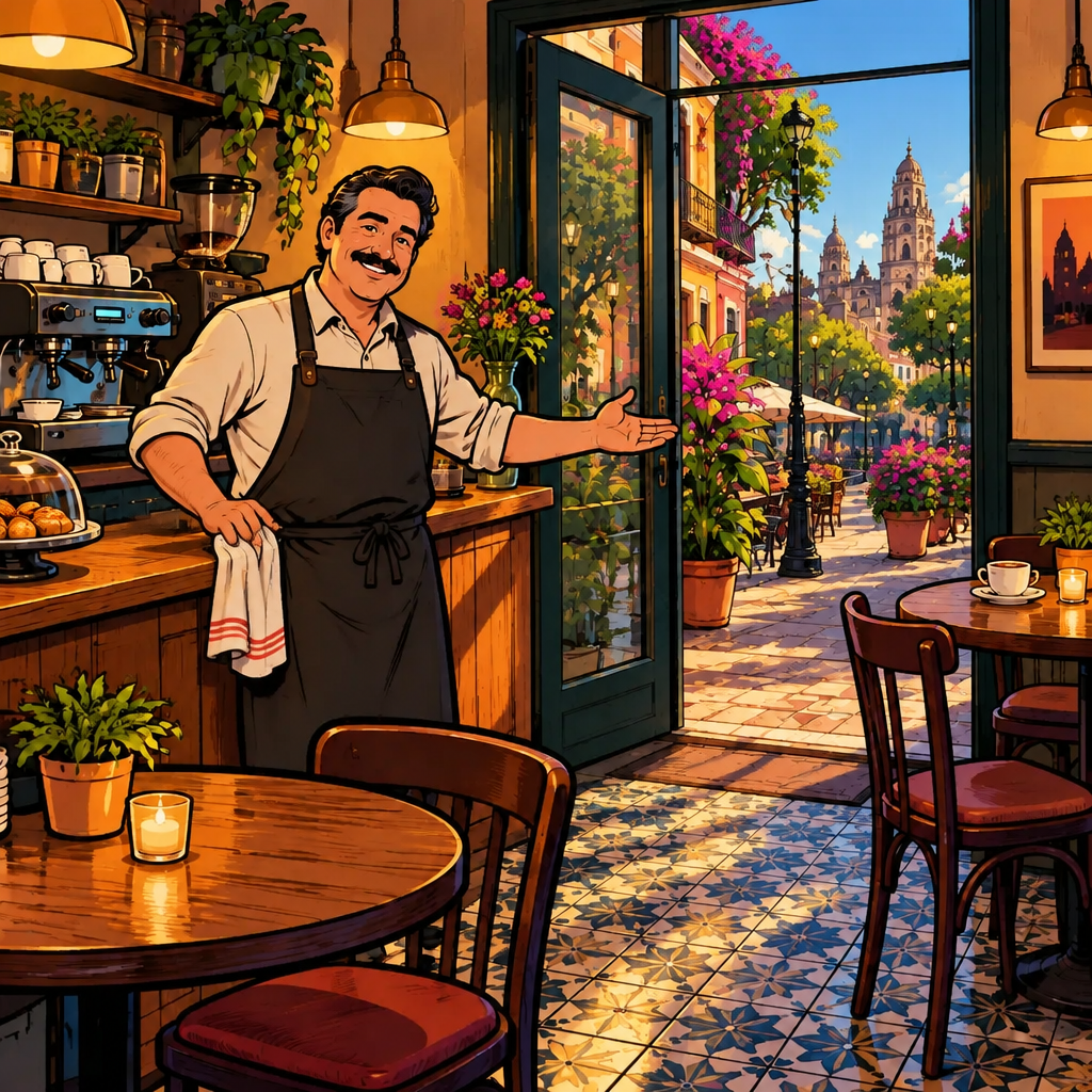 Michael, leaning on the counter with a relaxed shrug, says he has no fixed plan.