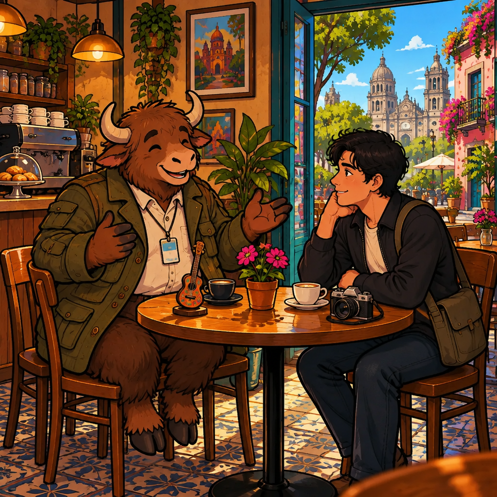 Justin and Yako share a café table, deciding on one topic to explore together.