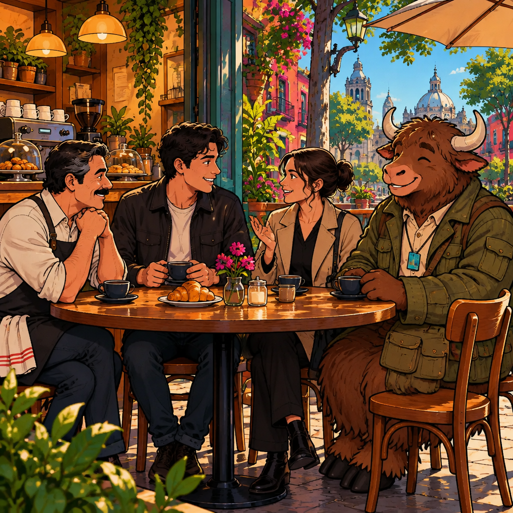 At Café Laurel, Amanda and Michael sit with Justin at a table, each looking eager to share news, while Yako watches from two chairs pushed together.