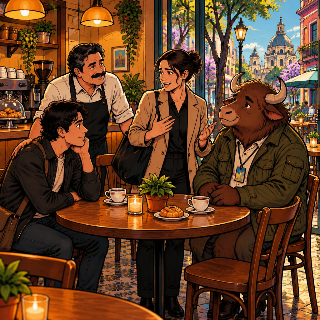 Amanda returns to Café Laurel with good news about her interview and explains that her sister had a frightening accident but is home recovering while Justin, Michael, and Yako listen.