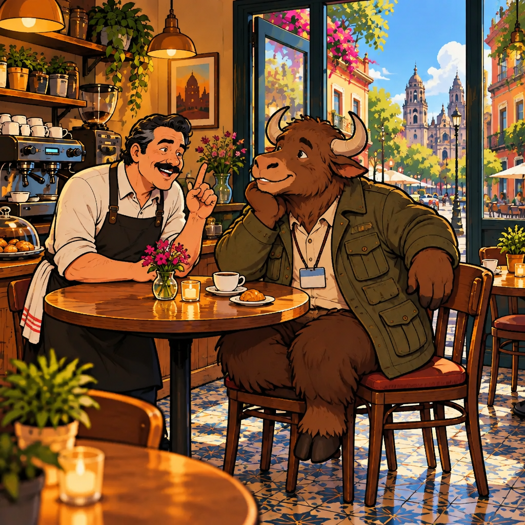 Michael is the visible speaker, leaning toward Yako with curious interest as Yako listens beside him.