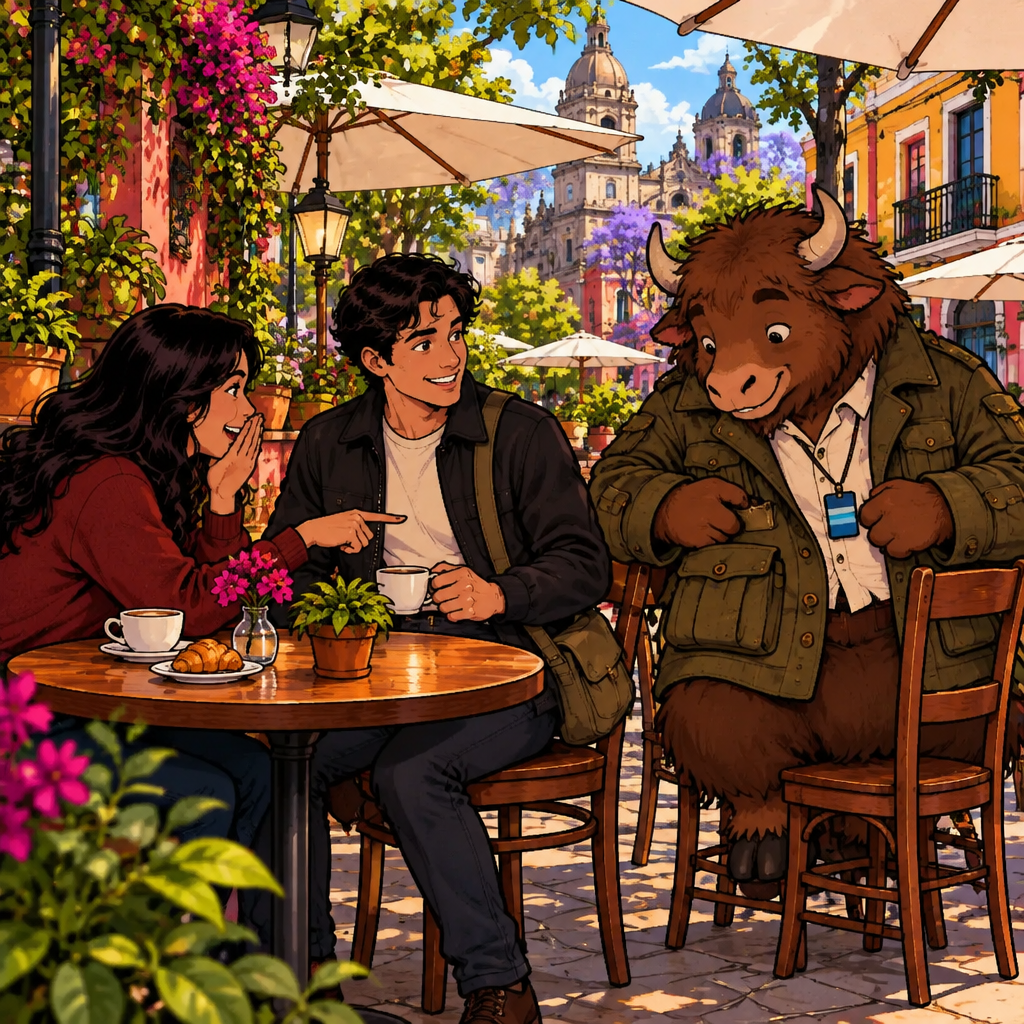 Megan is the speaker, covering her mouth in astonishment as Justin turns toward her and Yako stares at the coat pocket.