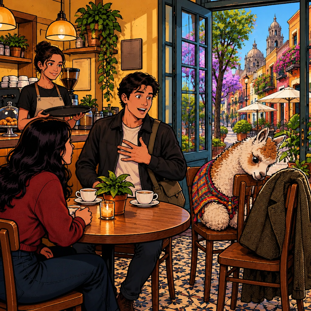 Justin is the speaker, sitting back with a hand pressed to his chest and an astonished face as the café table remains silent.