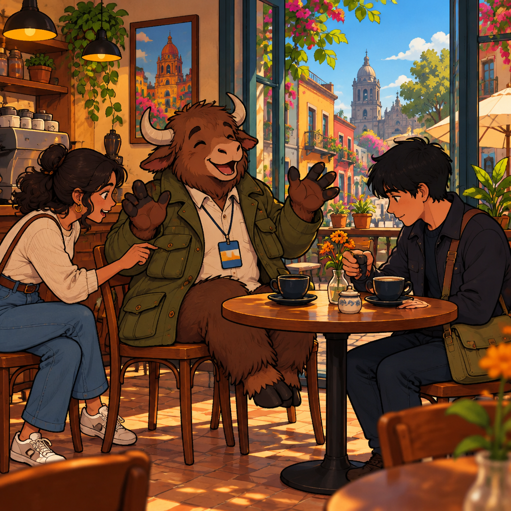 Yako is the speaker, lifting both paws in delighted surprise while Megan and Justin react in separate ways around the table.
