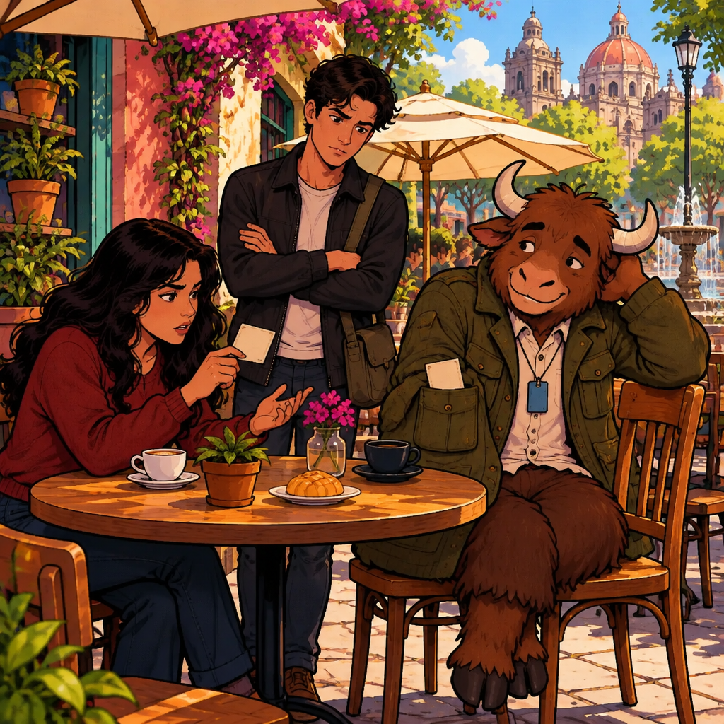 Megan is the speaker, studying the partly visible recipe card with a doubtful expression while Justin and Yako look unconvinced.