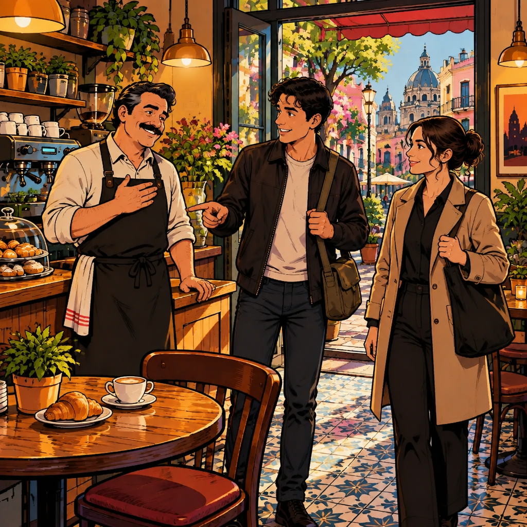 Michael gestures toward himself in agreement as Justin points gently toward the counter and Amanda listens near the café entrance.