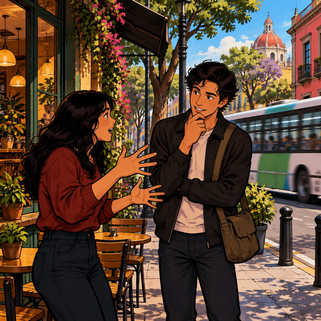 Megan explains what she saw on the street while Justin listens carefully outside Café Laurel, with a bus making the situation confusing.