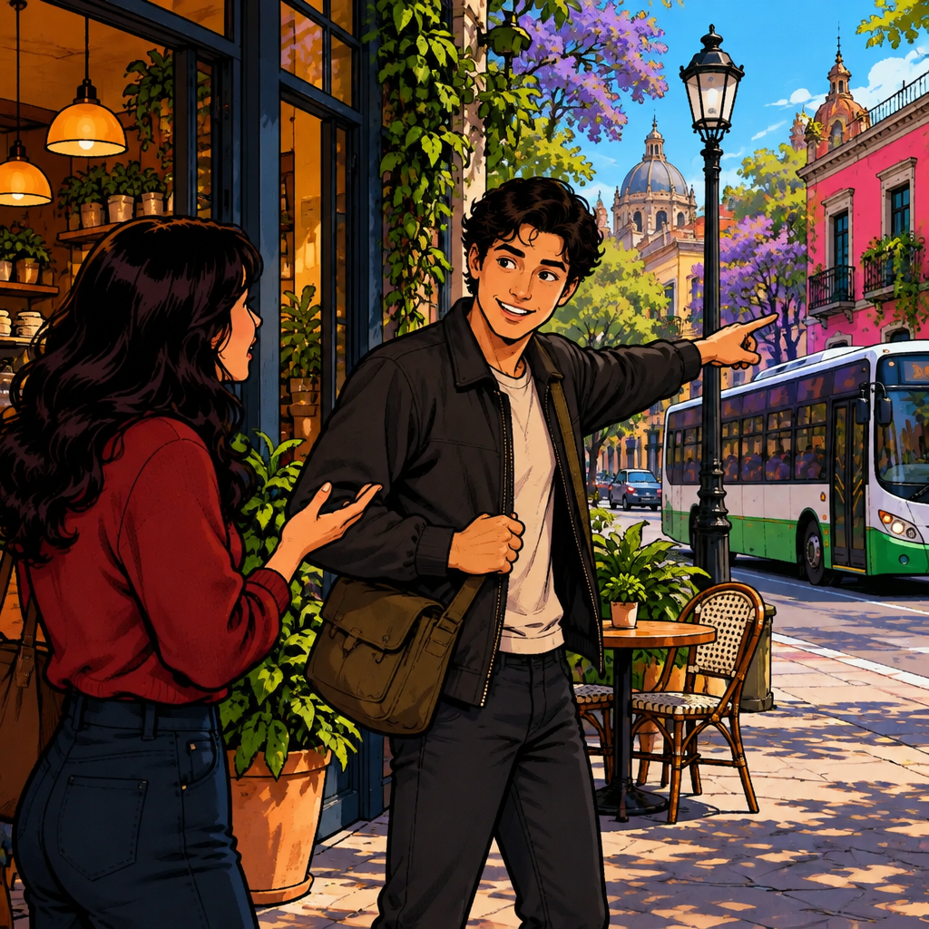 Justin points toward the street as he shows that he now sees the point Megan was making.