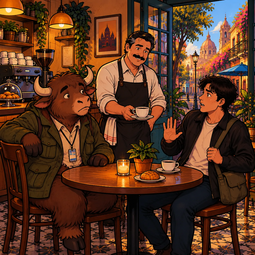Justin holds up a hand and tilts his head, not yet convinced about the coffee.
