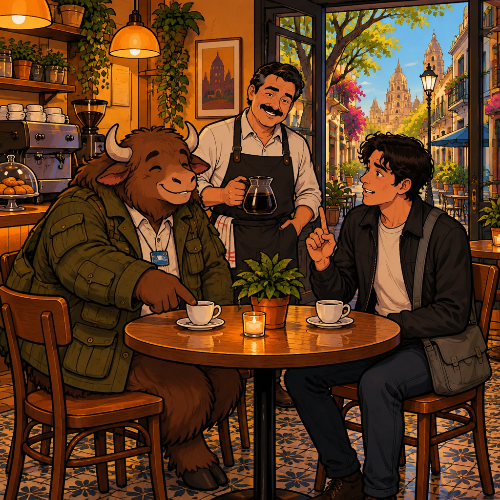 Justin shakes his head and disagrees about Yako's claim that it is the best coffee in the city.