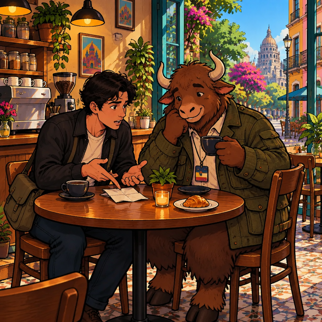 Justin points uncertainly at the folded note as he gives an honest opinion, while Yako listens beside him.