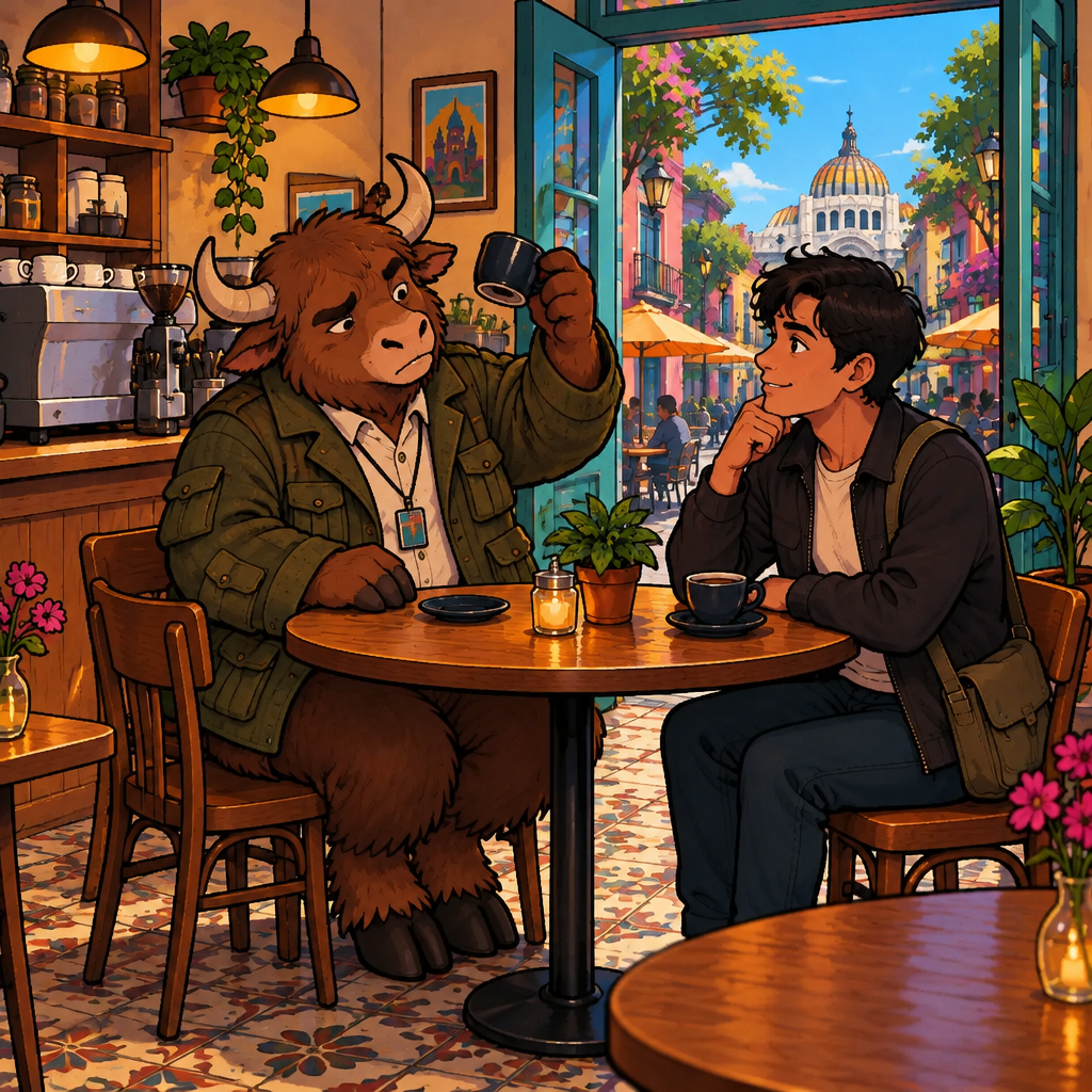 Yako cautiously lifts the coffee cup and looks at the note as he offers a tentative guess, while Justin rests his hand on his chin.