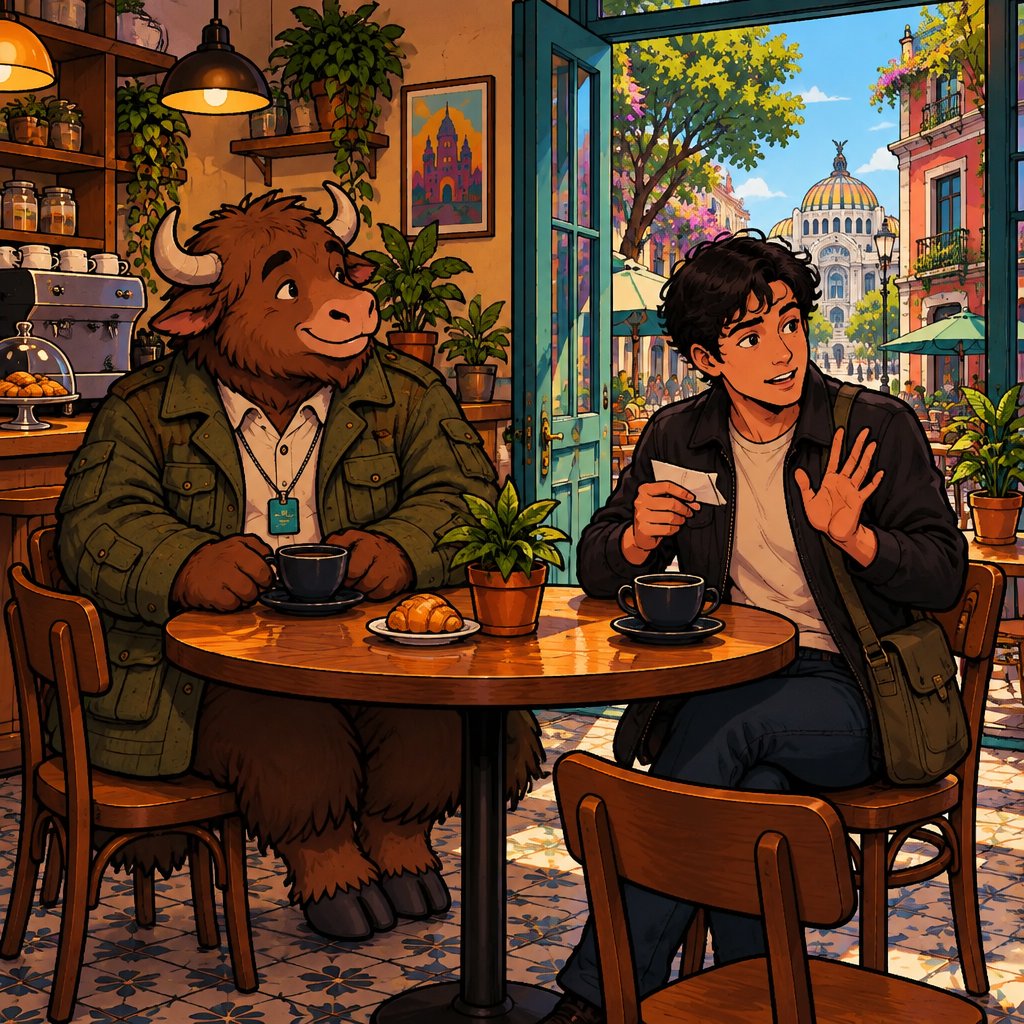 Justin carefully folds the note again and gestures aside as he speaks, while Yako looks toward the café doorway.