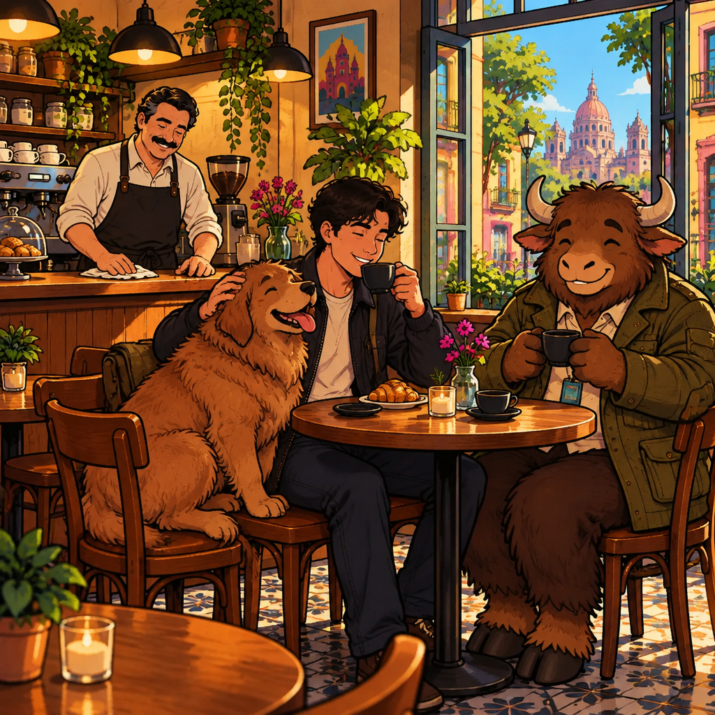 The café interior with Michael wiping the counter, Justin finishing his coffee at a table, and Yako sprawled across two chairs beside him.