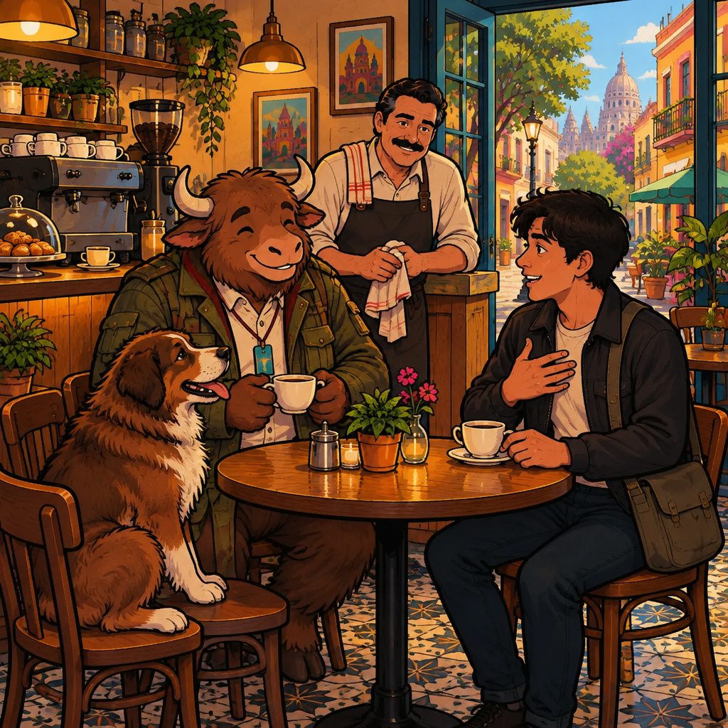 Justin sets down his cup and answers, hand open on his chest, while Michael listens from behind the counter.