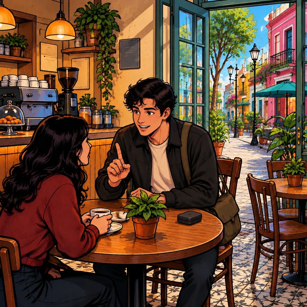 Justin raises one finger as he asks Megan to let him think, while Megan waits across the café table.