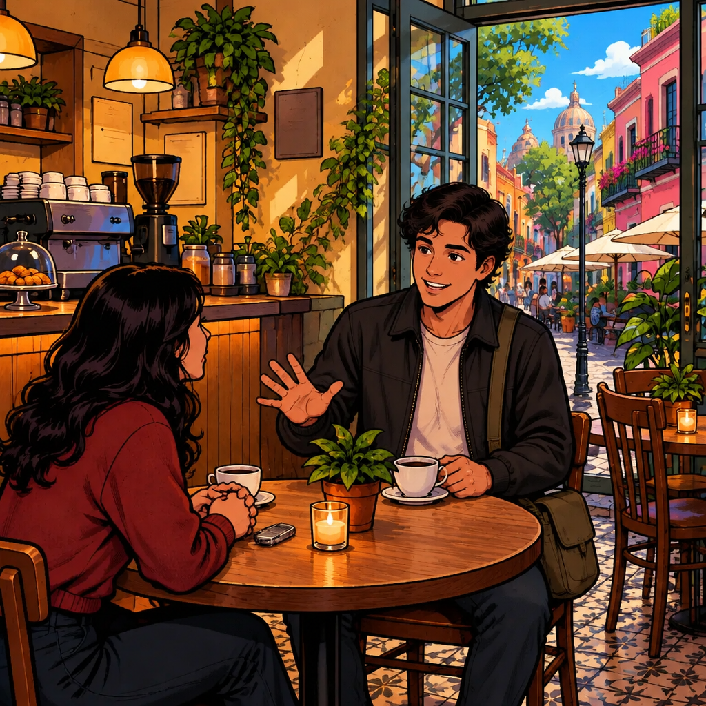 Justin holds up an open hand to ask for a moment, while Megan waits and the small object remains on the table.