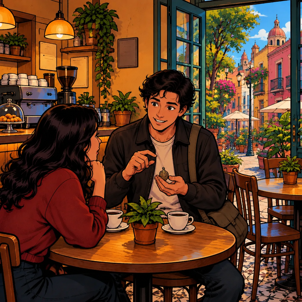 Justin points tentatively toward the small object as he offers a guess, and Megan watches him closely.