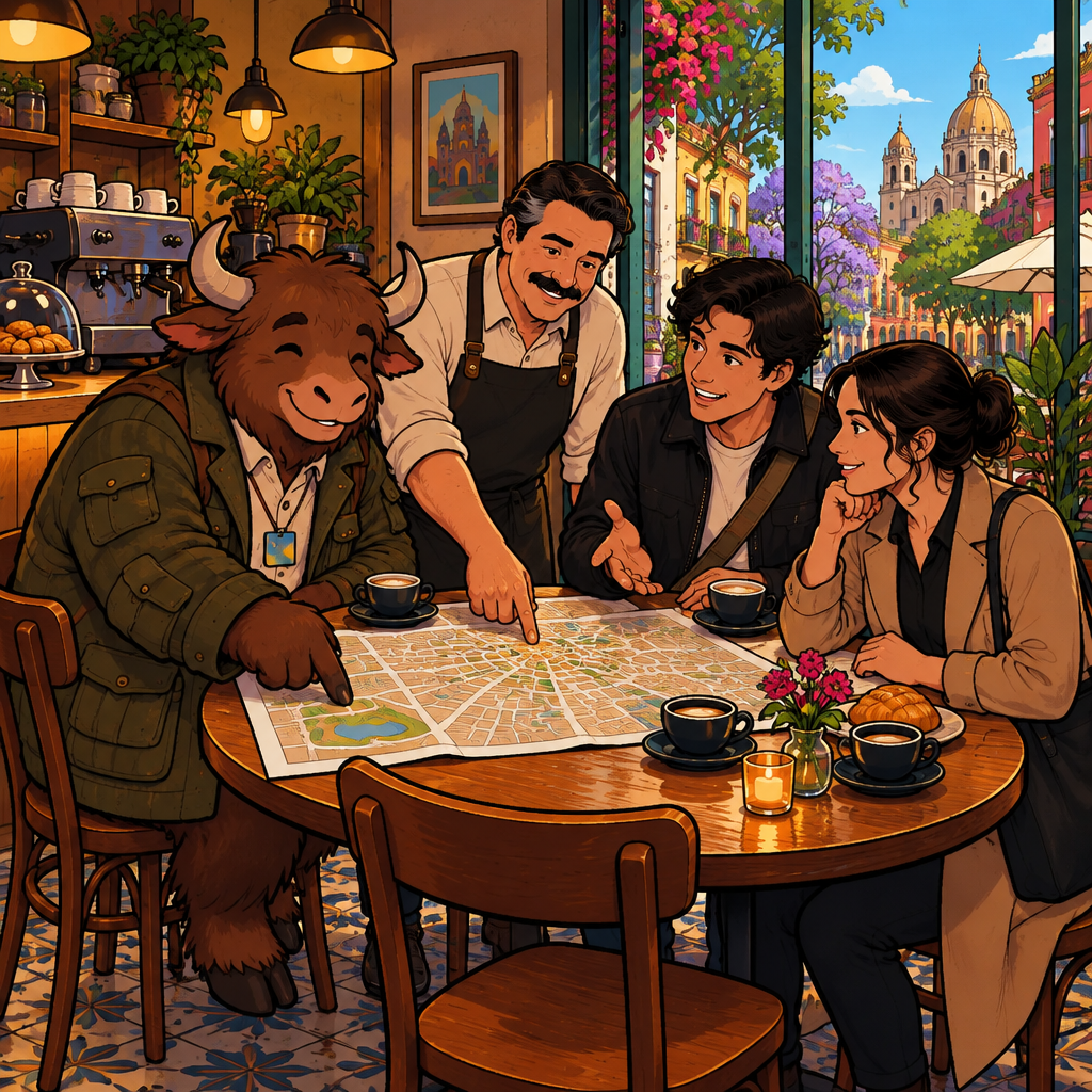 At Café Laurel, Justin explains an approximate route to a print shop near the plaza while Michael knows the neighborhood and Yako quietly points at the wrong map from his two chairs.